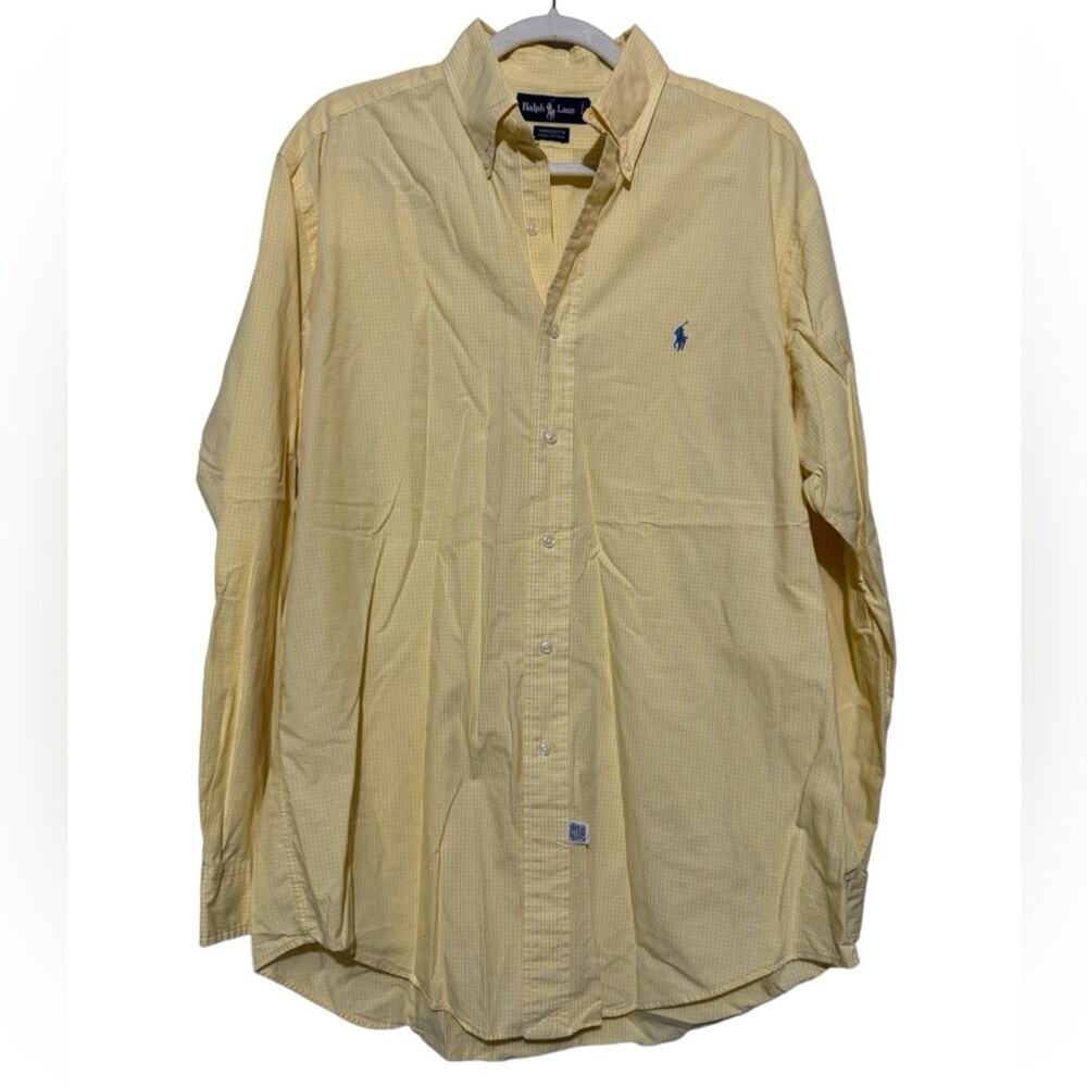 Ralph Lauren Yarmouth 100% Cotton Light Yellow Plaid Check Button Front Shirt